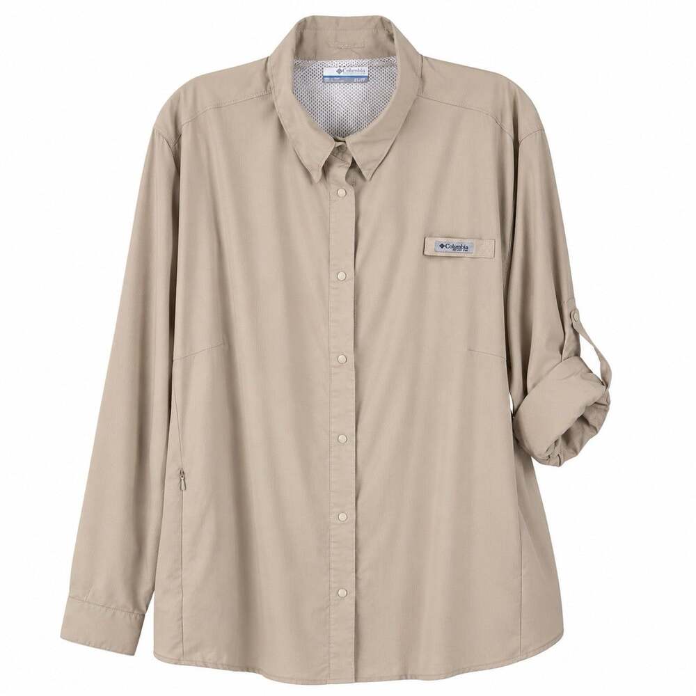 Columbia Womens 2X PFG Tamiami II Fishing Shirt Long Roll Tab Sleeves Snap Tan